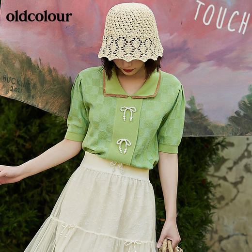oldcolour2022夏季新品甜美气质短袖短款毛针织衫棋盘格小开衫女BO21052074B 商品图2