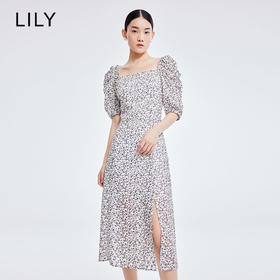  LILY2022夏新款女装法式复古方领印花泡泡袖连衣裙122240C7194