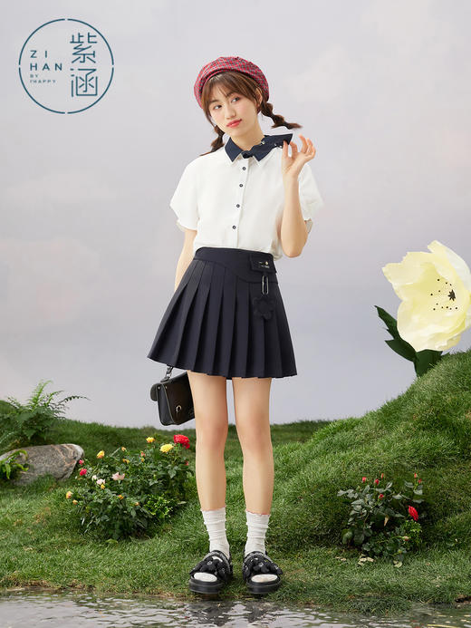 紫涵撞色双层领衬衫短袖女2022夏新款设计感爱心领带上衣03BS169 商品图3