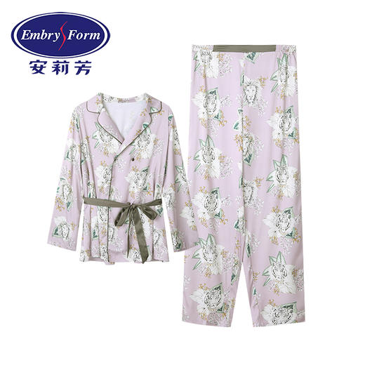 安莉芳薄款印花小翻领睡衣套装女士收腰长袖长裤家居服EL00360 商品图3
