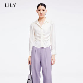 LILY2022夏新款女装小众设计感褶皱光泽气质长袖衬衫122220C4132