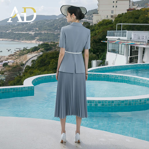 AD灰蓝色职业套装裙2022收腰夏新款西装两件套时尚气质正装百褶裙 商品图4