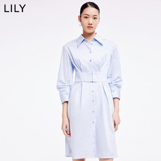 LILY2022夏新款女装复古气质纯色显瘦腰封衬衫连衣裙122240C7161 商品图2
