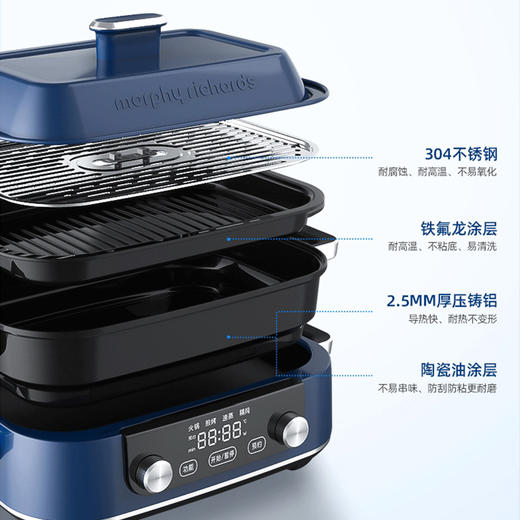 英国摩飞二代多功能料理锅火锅烤肉涮一体家用蒸煮炒煎电烤锅网红锅（白色）MR9099 商品图3