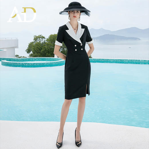 AD御姐范黑色连衣裙女夏季职业装高级设计感接拼西装裙开叉包臀裙 商品图2