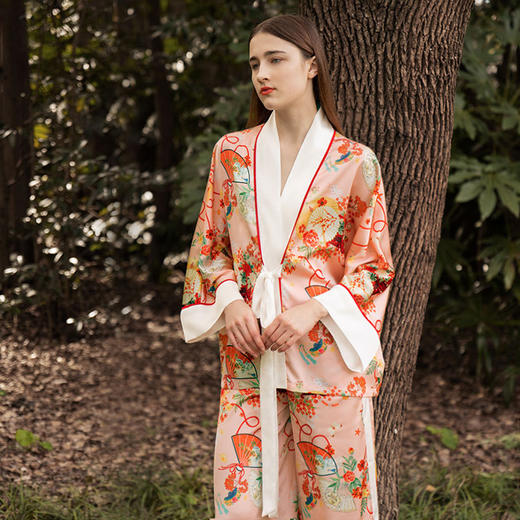 Solo seta真丝睡衣套装女桑蚕丝长袖家居服碎花系带奢华原创 商品图1