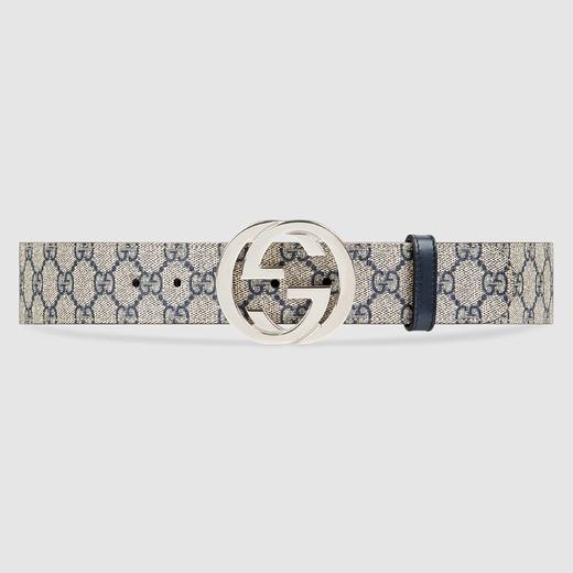 Gucci 古驰GG Supreme帆布互扣式双 G 带扣 男士4cm宽帆布腰带，钯色金属扣头411924 商品图4