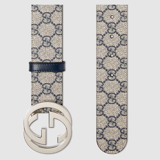 Gucci 古驰GG Supreme帆布互扣式双 G 带扣 男士4cm宽帆布腰带，钯色金属扣头411924 商品图5