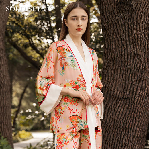 Solo seta真丝睡衣套装女桑蚕丝长袖家居服碎花系带奢华原创 商品图0