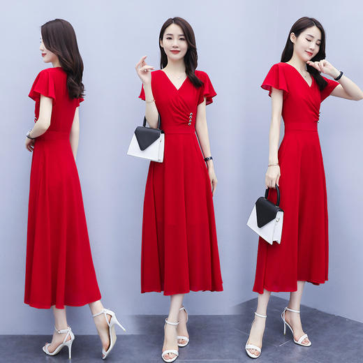 YBY-6158夏季连衣裙 春夏新款胖mm大码雪纺韩版修身显瘦开叉气质长裙 商品图3