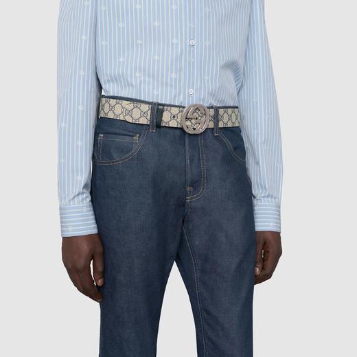 Gucci 古驰GG Supreme帆布互扣式双 G 带扣 男士4cm宽帆布腰带，钯色金属扣头411924 商品图3