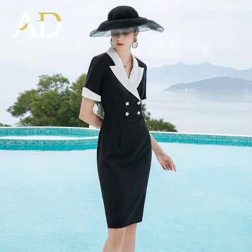 AD御姐范黑色连衣裙女夏季职业装高级设计感接拼西装裙开叉包臀裙 商品图0