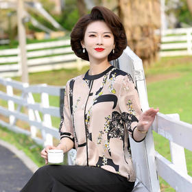 YCE 68592雪纺小衫上衣洋气阔太太印花中袖T恤