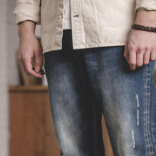 马登工装 日系休闲九分水洗赤耳牛仔裤阿美咔叽做旧破洞直筒裤男 商品图1