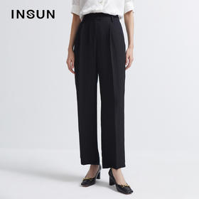 INSUN恩裳2022夏新品时尚自然褶皱感经典黑色三醋酸直筒休闲裤9C32220160