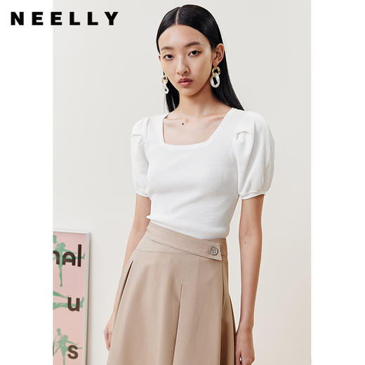 NEELLY纳俪商场同款气质方领短袖针织衫女设计感泡泡袖显瘦上衣N22051A01110 商品图0