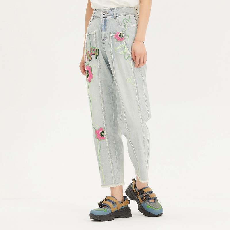 MIIDII谜底牛仔裤女2022春款舒适柔软天丝棉刺绣长裤女221MK0032