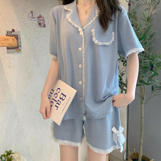 黛唯梵ins风睡衣女韩版春夏季坑条短袖2022年新款薄款家居服套装 商品图3