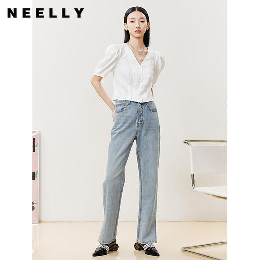 NEELLY纳俪商场同款气质V领白色衬衫女灯笼袖短款小衫简约上衣N22051B01125 商品图2