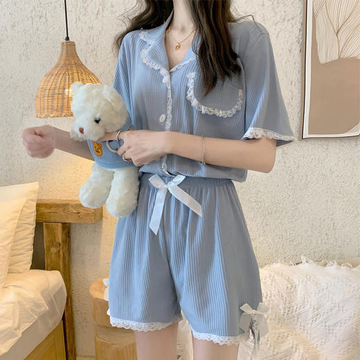 黛唯梵ins风睡衣女韩版春夏季坑条短袖2022年新款薄款家居服套装 商品图4