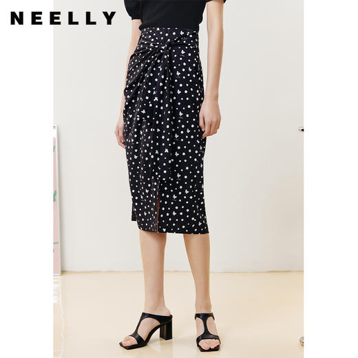 NEELLY纳俪商场同款格子半身裙女扭结系带显瘦A字裙下开叉半裙N22051E01141 商品图3