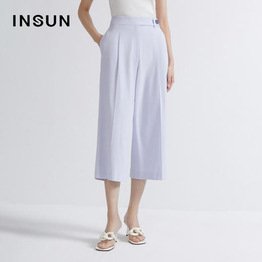 INSUN恩裳2022夏季新品时尚裤中叠褶造型感百搭直筒阔腿休闲裤9C32220086 商品图0