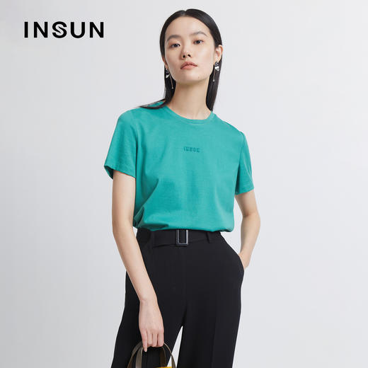 INSUN恩裳2022夏新品时尚爽朗醒目绿舒适纯棉简约休闲百搭T恤9C32260010 商品图0