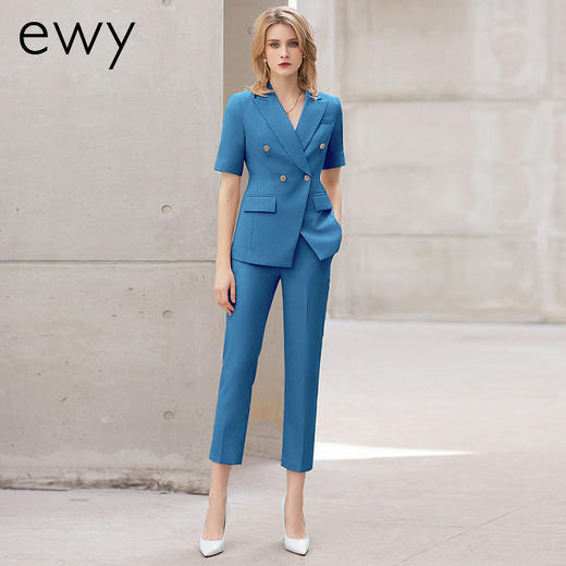 蓝色短袖西装套装女夏季工作服高端正式场合职业装藏蓝色商务正装 商品图0