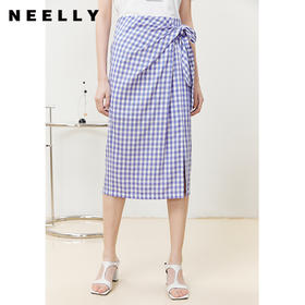 NEELLY纳俪商场同款格子半身裙女扭结系带显瘦A字裙下开叉半裙N22051E01141