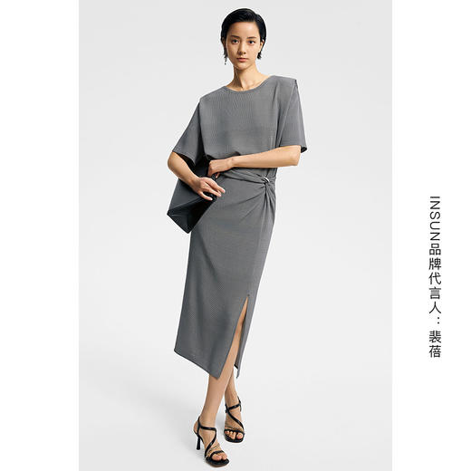 INSUN恩裳[裴蓓同款]2022夏新款时尚腰间褶皱细格纹设计潮流开叉半身裙9C32250070 商品图3