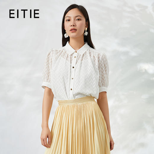 EITIE爱特爱夏季新款翻领优雅气质通勤衬衫显瘦镂空上衣6609304衬衣 商品图0