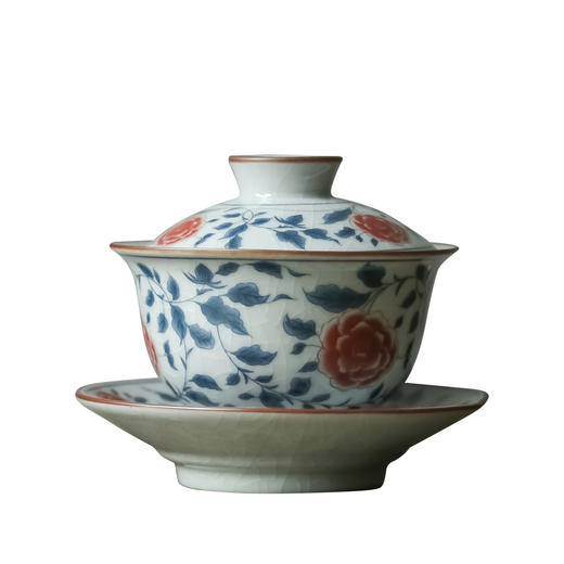 茶香记 陶泥青花红釉三才小盖碗 牡丹 狮纹款 古朴典雅 平价实用 商品图4
