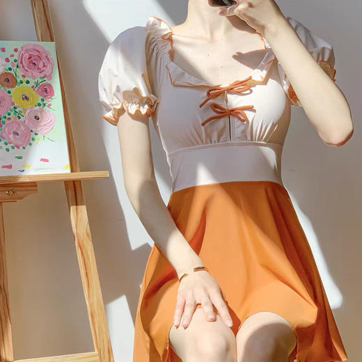 韩国小清新气质泳装女连体裙式保守遮肚显瘦少女文艺露背游泳衣 商品图2