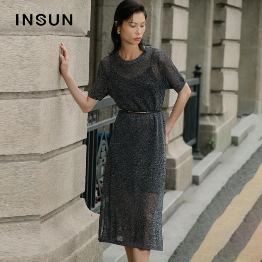INSUN恩裳2022夏季新款时尚闪亮光泽潮流优雅透感网纱连衣裙9C32205600 商品图0