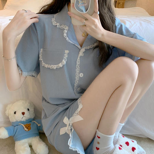黛唯梵ins风睡衣女韩版春夏季坑条短袖2022年新款薄款家居服套装 商品图0