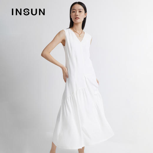 INSUN恩裳2022夏新品时尚减龄不对称褶皱下摆百搭三醋酸连衣裙9C32205206 商品图0