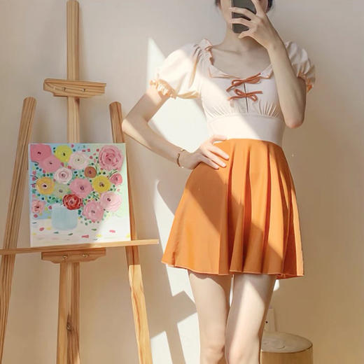 韩国小清新气质泳装女连体裙式保守遮肚显瘦少女文艺露背游泳衣 商品图3