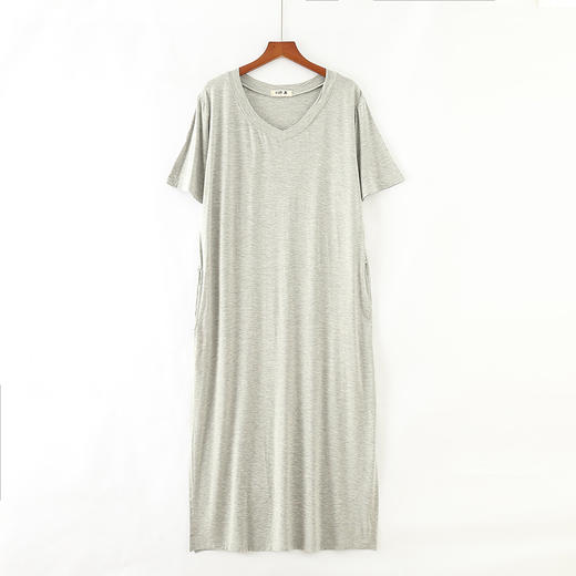 韩版V领短袖棉大码莫代尔连衣裙宽松休闲开叉长裙YHH-2009 商品图6