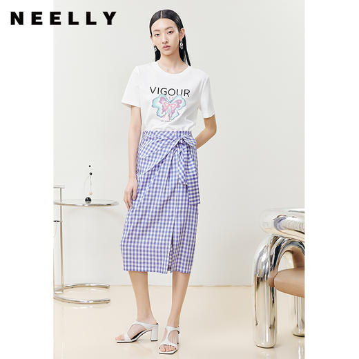 NEELLY纳俪商场同款格子半身裙女扭结系带显瘦A字裙下开叉半裙N22051E01141 商品图2