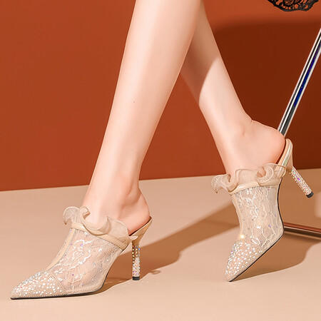 性感百搭，新款水钻流蕾丝网纱高跟拖鞋YLY-A2301 商品图2