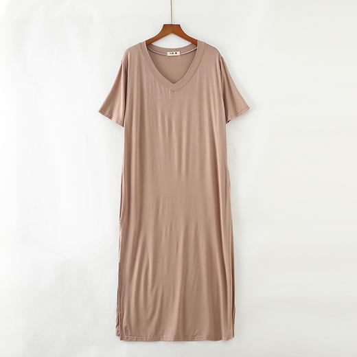 韩版V领短袖棉大码莫代尔连衣裙宽松休闲开叉长裙YHH-2009 商品图8