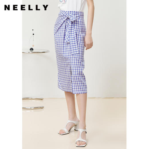 NEELLY纳俪商场同款格子半身裙女扭结系带显瘦A字裙下开叉半裙N22051E01141 商品图1