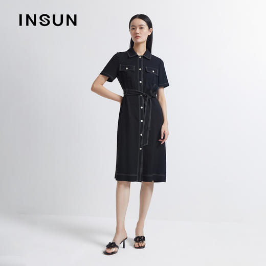 INSUN恩裳2022夏季新款时尚腰带设计休闲工装感醋酸牛仔连衣裙9C32205160 商品图0