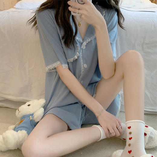 黛唯梵ins风睡衣女韩版春夏季坑条短袖2022年新款薄款家居服套装 商品图1