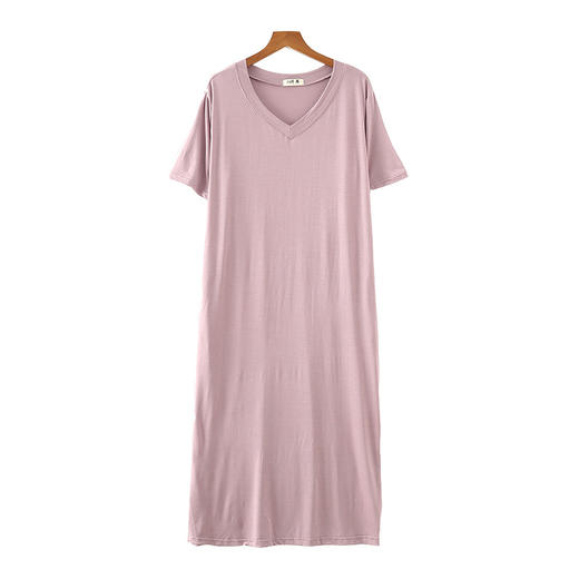 韩版V领短袖棉大码莫代尔连衣裙宽松休闲开叉长裙YHH-2009 商品图4