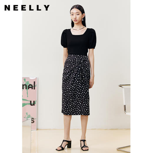 NEELLY纳俪商场同款气质方领短袖针织衫女设计感泡泡袖显瘦上衣N22051A01110 商品图3