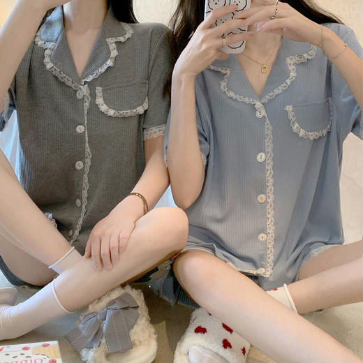 黛唯梵ins风睡衣女韩版春夏季坑条短袖2022年新款薄款家居服套装 商品图2