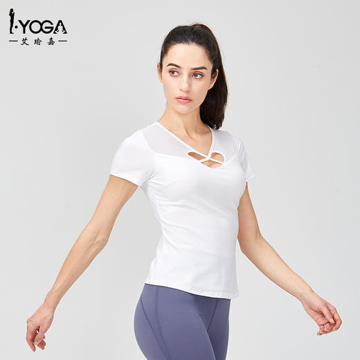 IYOGA白色瑜伽T恤短袖运动吸汗透气速干高弹莱卡面料舒适修身显瘦V领T035 商品图1