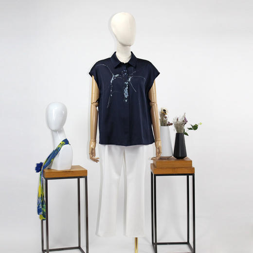 FOCALS福柯斯女装夏季新款桑蚕丝短袖印花上衣衬衫FRRBS163BV 商品图4