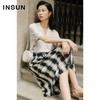 INSUN恩裳2022夏季新款时尚黑白撞色格纹层次感收褶醋酸半身裙9C32250050 商品缩略图4